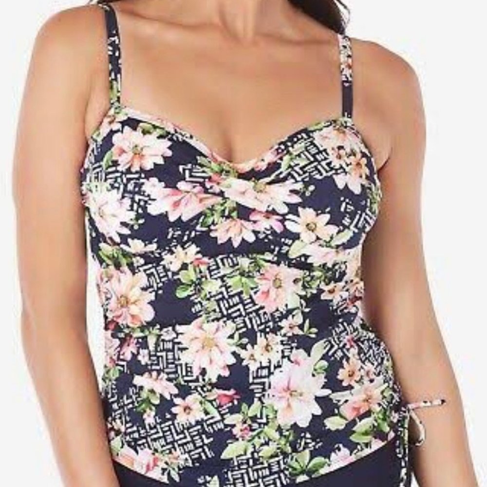 Swim Solutions Juliet Printed Side-Tie Underwire Tankini Top Navy Floral…